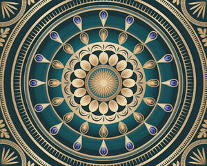 Obraz premium Luxurious vector mandala with deep teal background, radiant gold sunburst, intricate floral and geometric layers, seamless radial symmetry, metallic shine, meditation, spiritual, premium illustration.