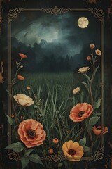 Poppy Flower Meadow in Moonlight Night