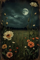White Daisy in Moonlit Meadow at Night