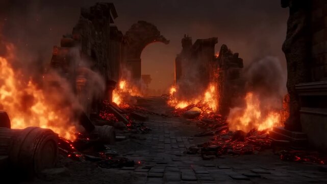 Dramatic fire engulfs ancient ruins at night amidst thick smoke and sparks
