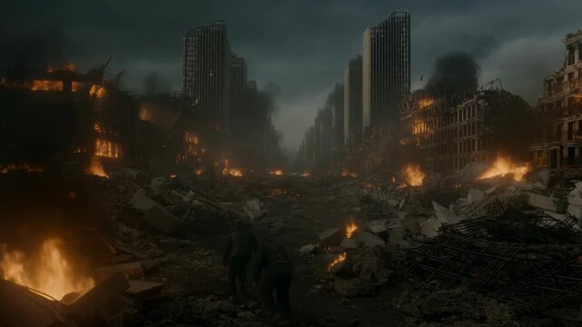 Urban aftermath: dramatic cityscape devastation with burning ruins and dark skies