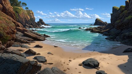 Gentle waves at a beach cove 2d background with curved shoreline and rocks