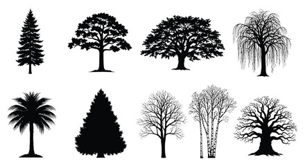 Collection of various tree silhouettes showcasing diverse shapes and foliage