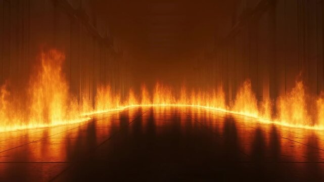 Fiery hallway illumination: surging flames reflect on glossy surface in dramatic visual progression