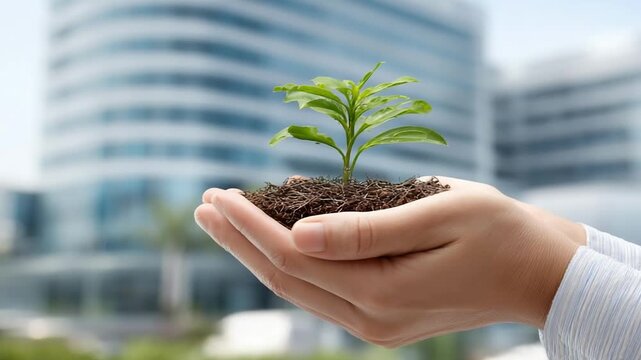 Human hands holding a small green plant sprout with soil against a blurred modern office building background. Business growth and ecology concept