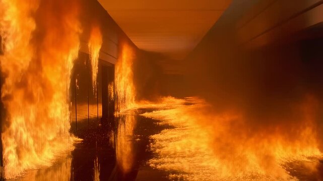 Intense office corridor fire spreading dramatically with flames