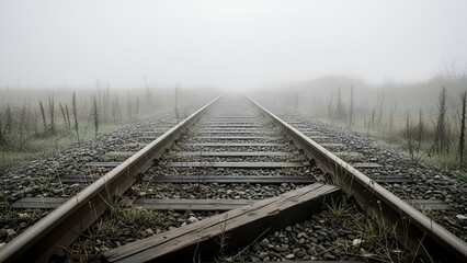 Fototapeta premium An eerie, lonely railroad track disappears into a thick fog on a cloudy, overcast day outdoors