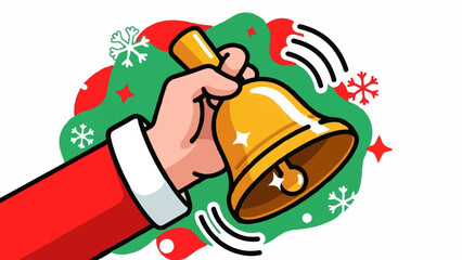 Festive illustration of a hand in a red sleeve ringing a golden bell, surrounded by snowflakes and stars