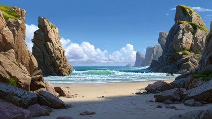 Gentle beach cove with curved shoreline and rocks 2d background serene view