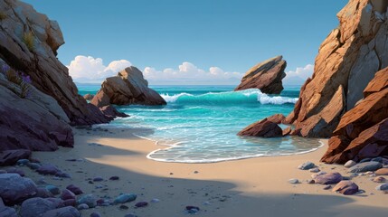 Gentle waves lapping shoreline beach cove 2d background framed rocky view