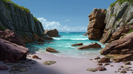 Gentle waves lapping at curved beach cove 2d background nature scene