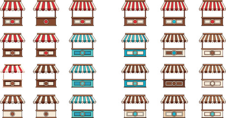 Market Stall and Shop Kiosk Illustration Set Featuring Small Retail Booths with Awnings, Counters, and Storefront Designs for Commerce Concepts