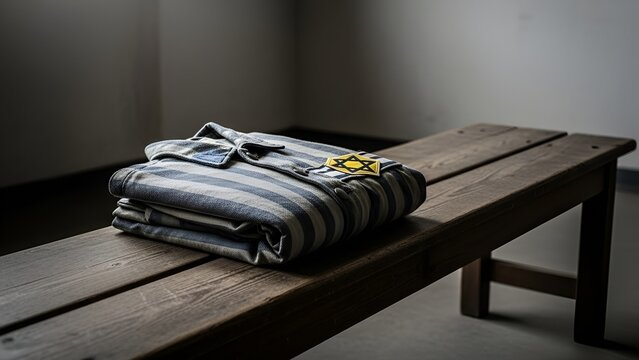 Folded striped shirt with Star of David emblem rests somberly on a weathered wooden bench indoors.