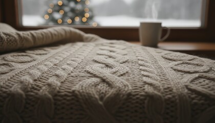 Textured knitted wool blanket near a window with a cup.