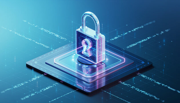 Digital Fortress: A glowing padlock, a symbol of security, rests atop a microchip, representing data protection in the digital realm. The scene evokes a sense of modern technology, cybersecurity. - Powered by Adobe