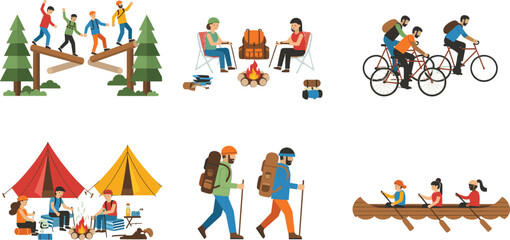 Outdoor Adventure and Camping Activities Illustration Set Showing Hiking, Campfire, Tents, Cycling, Canoeing, and Team Exploration Scenes for Travel and Nature Concepts