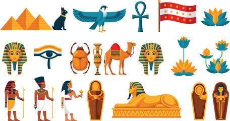 Ancient Egyptian Symbol and Deity Illustration Set Featuring Pyramids, Pharaohs, Gods, Hieroglyphs, Mummies, and Sacred Icons for History Designs