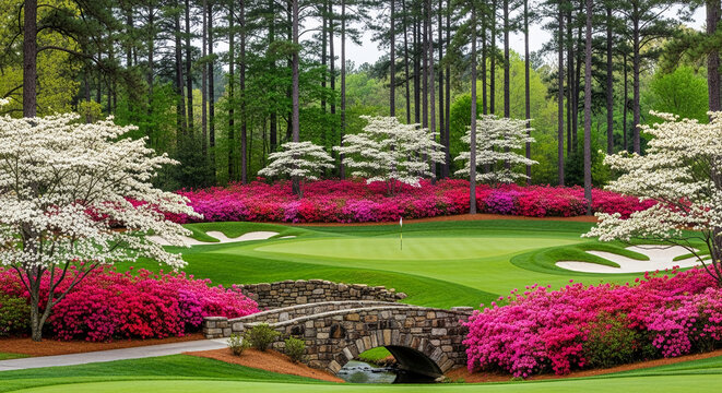 Vibrant azaleas and dogwood trees frame a golf course green, stone bridge, and tranquil stream.  Represents natural beauty, serenity, and springtime golf
