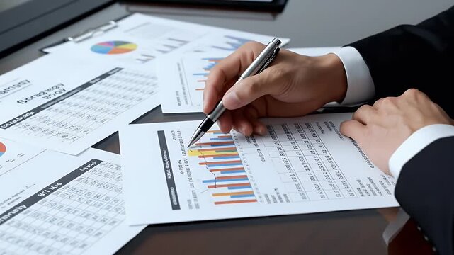 Business professional reviews financial reports and charts spread across a desk analyzing data for strategic planning and investment decisions in a modern office setting
