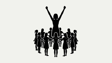 Empowered woman with raised arms surrounded by a circle of children, symbolizing leadership and support.