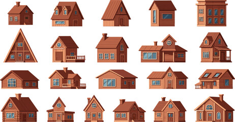 Wooden House and Cabin Illustration Set Featuring Cozy Cottages, Modern Homes, and Rustic Architecture Designs for Village, Suburban, and Real Estate Concepts