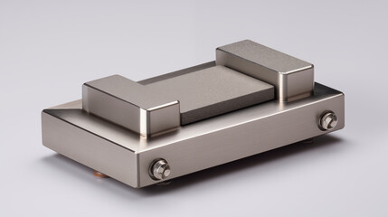 Precision machining vise with metal jaws and bolts, industrial workshop tool for metalworking and manufacturing applications