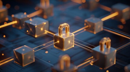 Digital padlock on blockchain network, representing secure data and cryptocurrency transactions