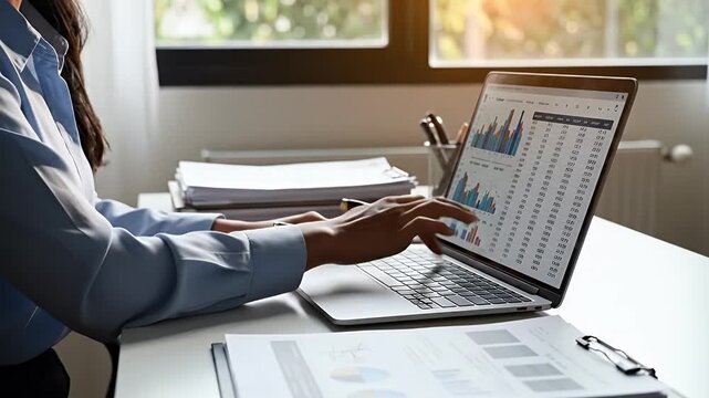 Focused businesswoman analyzes financial data and charts on her laptop in a modern office setting demonstrating analytical skills and professional success
