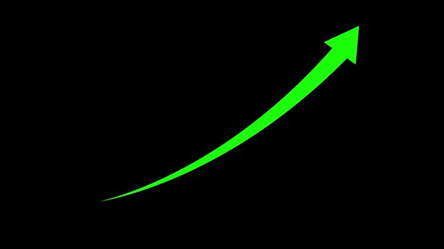 A bright green arrow curves upward and to the right on a black background, symbolizing growth, progress, success, and positive financial or business trends. Keywords: arrow, green, bright green