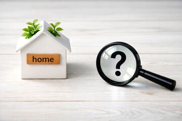 家の模型と虫眼鏡のクエスチョンマークで住まい選びや住宅の疑問を考えるイメージ