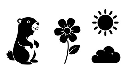 Fototapeta premium Groundhog Day symbols: groundhog, flower, sun, and cloud icons representing weather prediction and spring arrival.