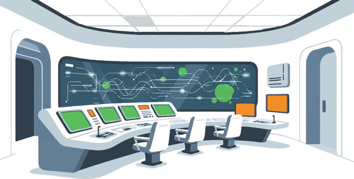 Futuristic control room with monitors, consoles, and chairs