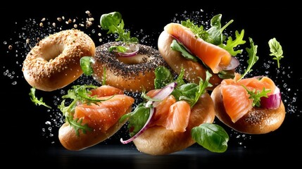 A colorful mix of sliced filled bagels showcases creamy salmon salad and fresh greens, perfect for a cheerful brunch gathering or a relaxing snack time moment