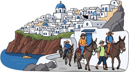 People riding donkeys in a village with white buildings and blue domes on a cliff © Dewa