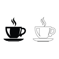 A hot cup of coffee and tea mug vector illustration with steam and a saucer isolated on white for a cafe breakfast beverage icon or restaurant drink break symbol