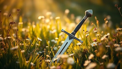 tolerable. Ancient sword half-buried in a flower-filled meadow under soft golden light. travel magazines, destination branding, designed for travel destination branding, used by procurement managers.