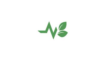 Vibrant Green Heartbeat Pulse Line with Fresh Leaves Icon on White Background Symbolizing Natural Health, Wellness, and Ecology