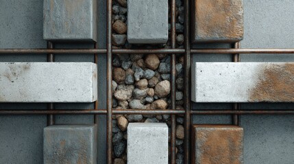 Abstract textured background of concrete blocks, rebar, and pebbles in a grid pattern