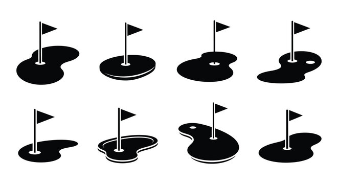 Black and white illustration of golf holes with flags on a white background
