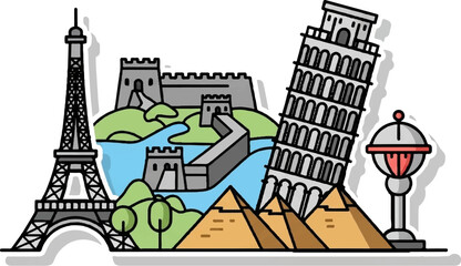 Obraz premium Iconic global landmarks collage featuring a tower, wall, leaning tower, and pyramids