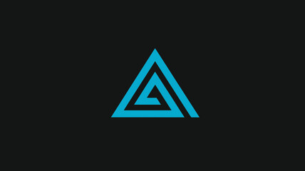 Modern geometric blue triangle logo design with a stylized 'G' or spiral element on a dark black background, abstract graphic symbol.