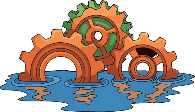 Interlocking gears submerged in blue water with reflections
