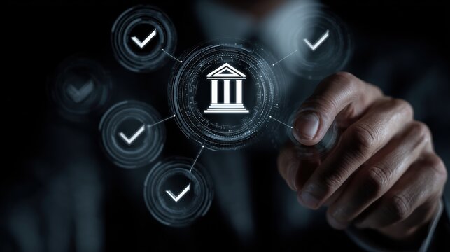 Man's hand interacting with a digital interface showing a bank symbol and checkmarks - Powered by Adobe