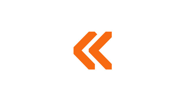 Modern geometric orange double chevron left arrow icon symbol on a clean white background, representing direction, back, previous, or rewind.