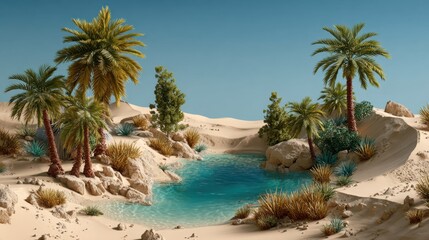 Desert oasis scene with palm cluster 2d background of dune ridge landscape