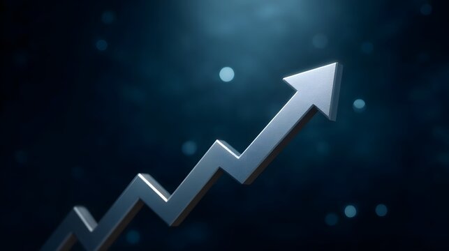 A metallic arrow graph trends upwards against a dark bokeh lit background symbolizing growth and success - Powered by Adobe