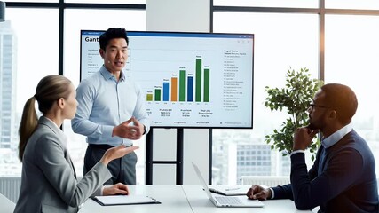 Business team presentation in modern office setting a male presenter explains data analytics and financial projections to colleagues during a meeting - Powered by Adobe