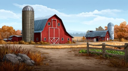 Charming farmyard scene with barn and silos 2d background simplified view