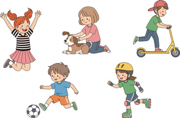 Active Kids Playing Outdoor Games Illustration Set Showing Children Jumping, Running, Playing Soccer, Riding Scooters, Skating, and Playing with Pets