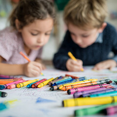 Children drawing with crayons isolated on white background